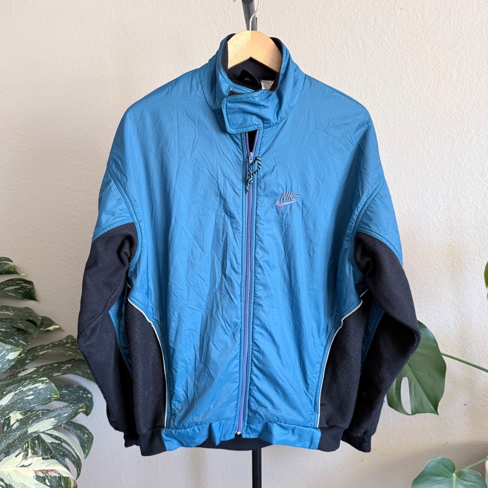 Vintage Nike FIT Jacket Mens Large Blue Black Colorblock Fleece Windbreaker 90s